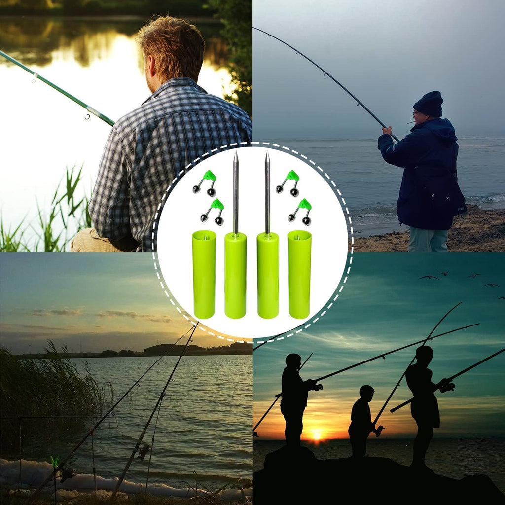 Fishing Rod Holder, 4 Pack Fishing Pole Holders Ground, Rod Holders for Bank Fishing, Beach Support Stand Reinforced PVC, 4 Free Alarm Bells