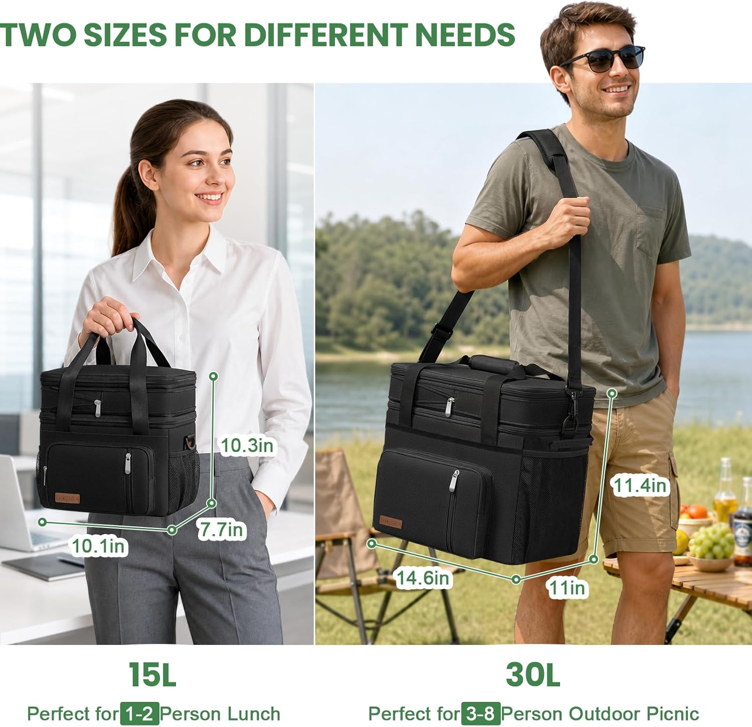 MIYCOO Lunch Bag for Women & Men, Expandable Double Deck Lunch Box, 15L