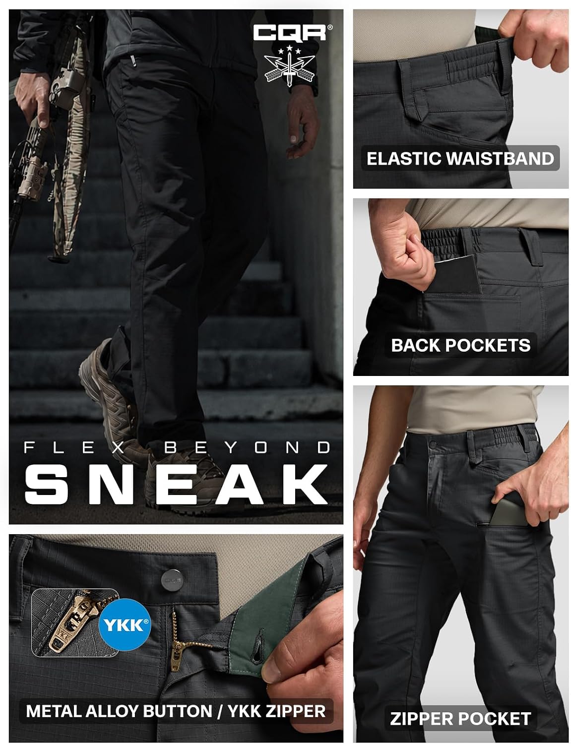 CQR Men's Flex Stretch Tactical Pants, Water Resistant Ripstop Cargo Pants, Lightweight EDC Outdoor Work Hiking Pants