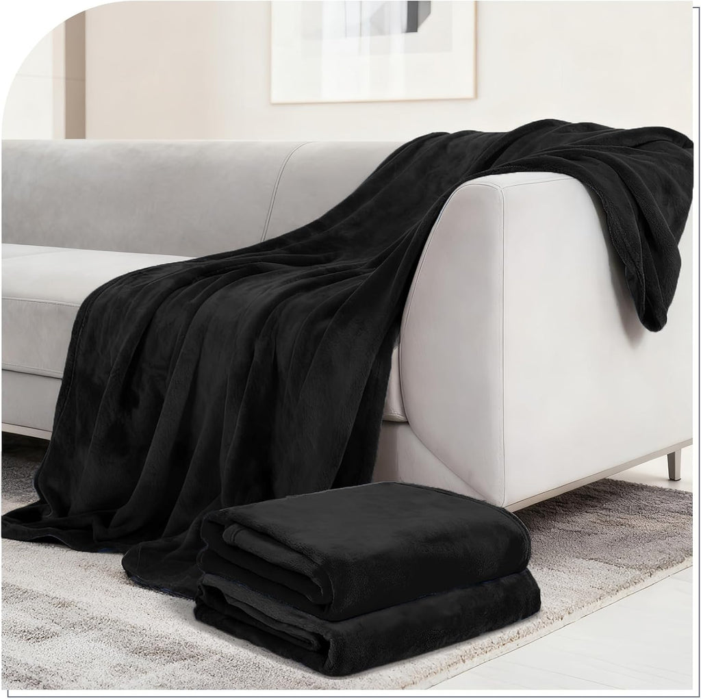 2 Pcs Flannel Fleece Throw Blanket for Bed Couch Large Soft Blanket Lightweight Throw for Sofa,Couch,Travel,Camping,(Black,50x60 Inch)