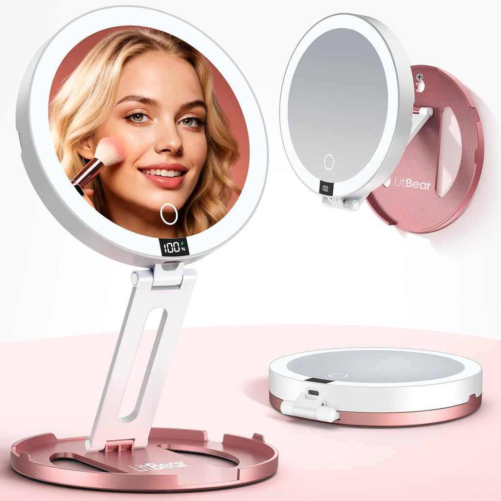 LitBear Travel Makeup Mirror with Lights, 10X/1X Foldable Magnifying Mirror