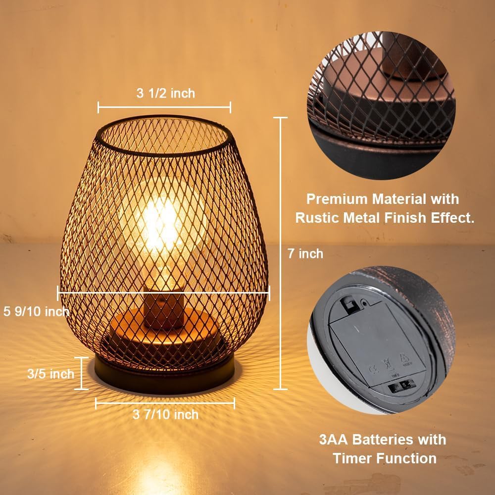 Set of 2 Battery Operated Lamp LED Table Lantern, Brown Metal Cage Cordless Lamps with LED Bulb，Vintage Decorative Outdoor Lantern for Weddings, Parties, Patio, Events for Indoors Shelf Decor
