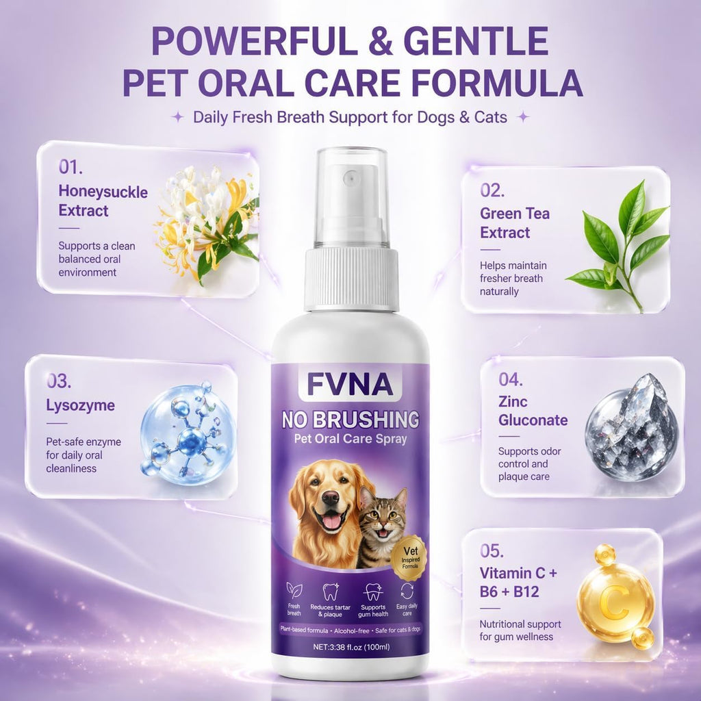 FVNA No Brushing Pet Oral Care Spray, Breath Freshener & Teeth Cleaning Pet Dental Care Spray for Dogs & Cats, Reduce Plaque & Tartar, Supports Gum Health,Daily Dental Care for Pets
