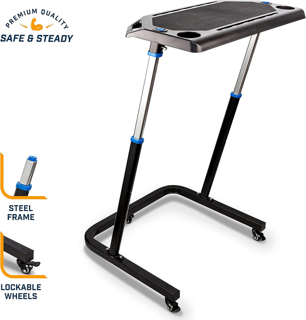 Alpcour Bike Trainer Fitness Desk – Portable Multi-Tasking Workstation Table for Cycling and Exercise – Adjustable Height with Non-Slip Surface and Gadget Slots – Lockable Wheels