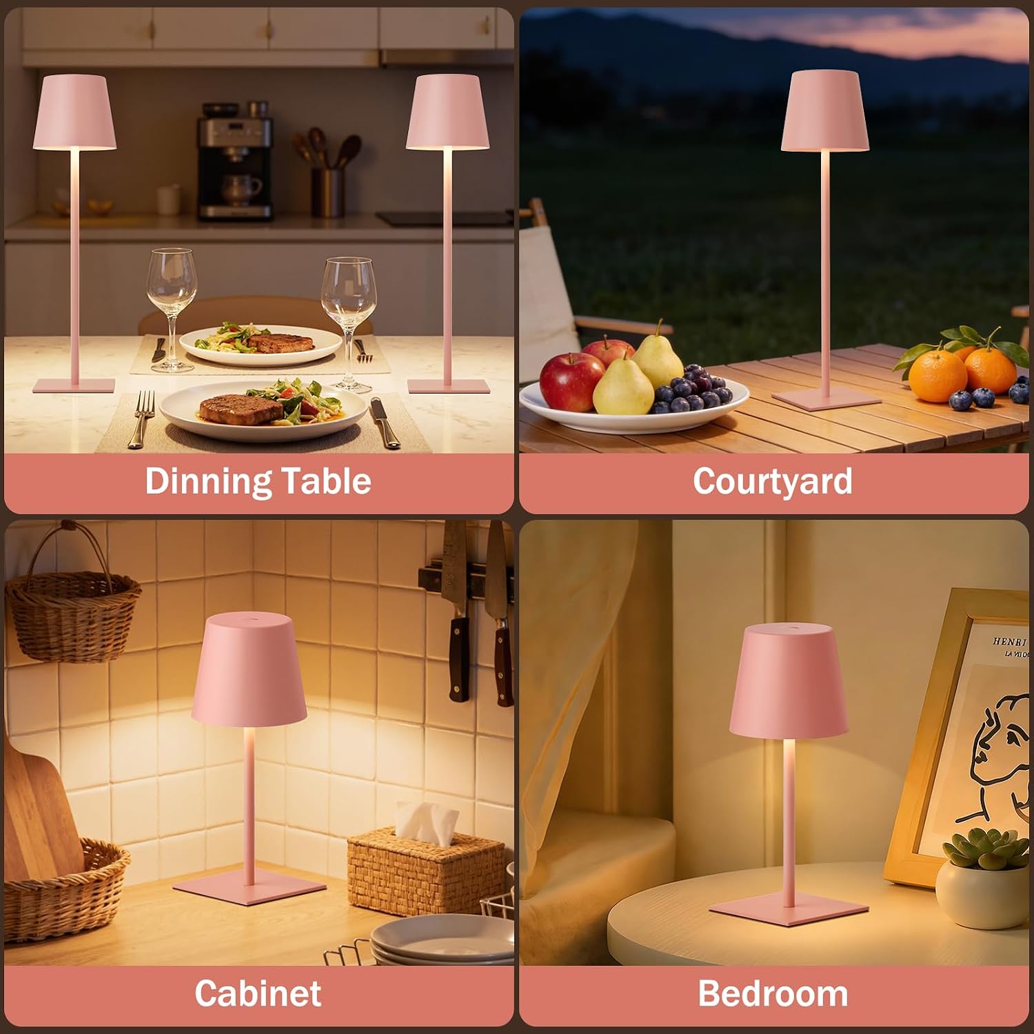 Kakanuo Pink Cordless Rechargeable Table Lamp, 2 Pack Portable Desk Lamp with 5000mAh Battery, Touch Control Stepless Dimming, Wireless Night Light for Dining, Outdoor Camping
