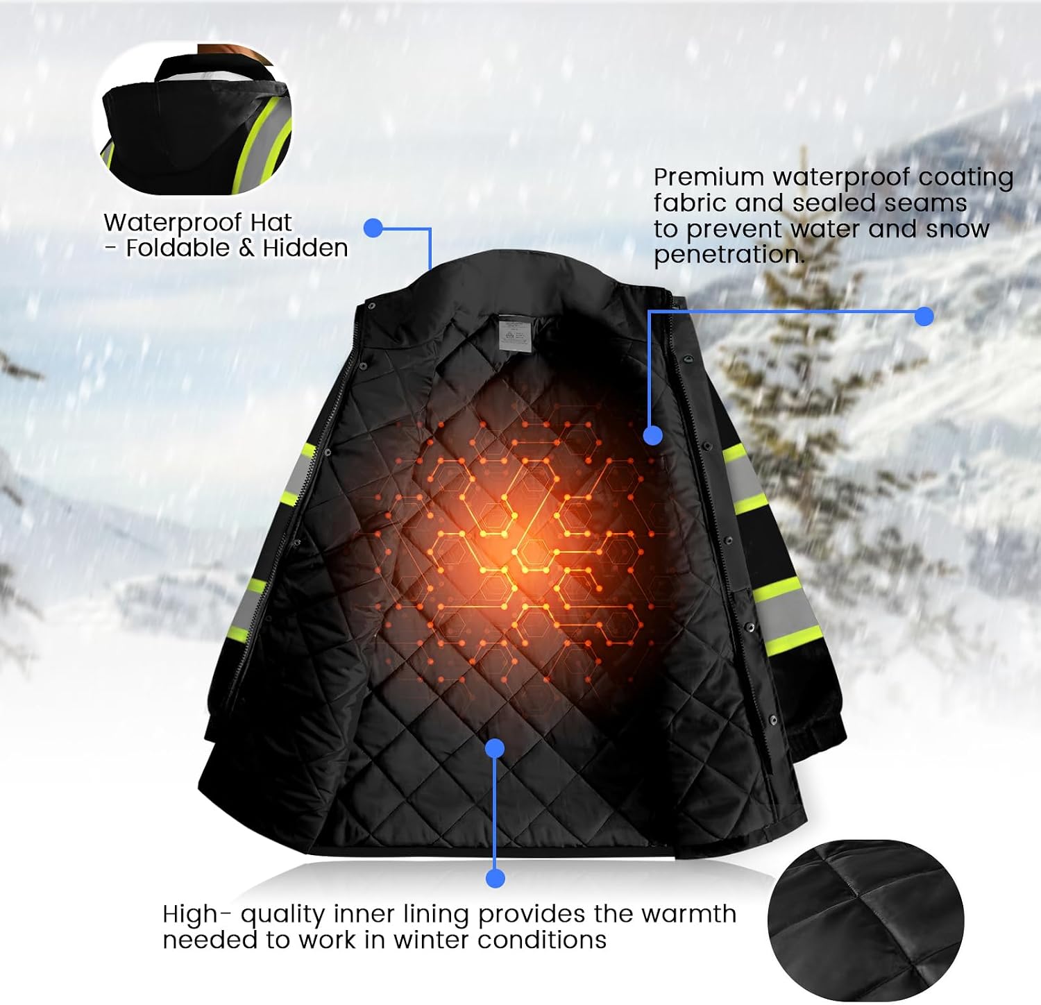 High Visibility Safety Jackets, Construction Coats, Black BF, 3XL