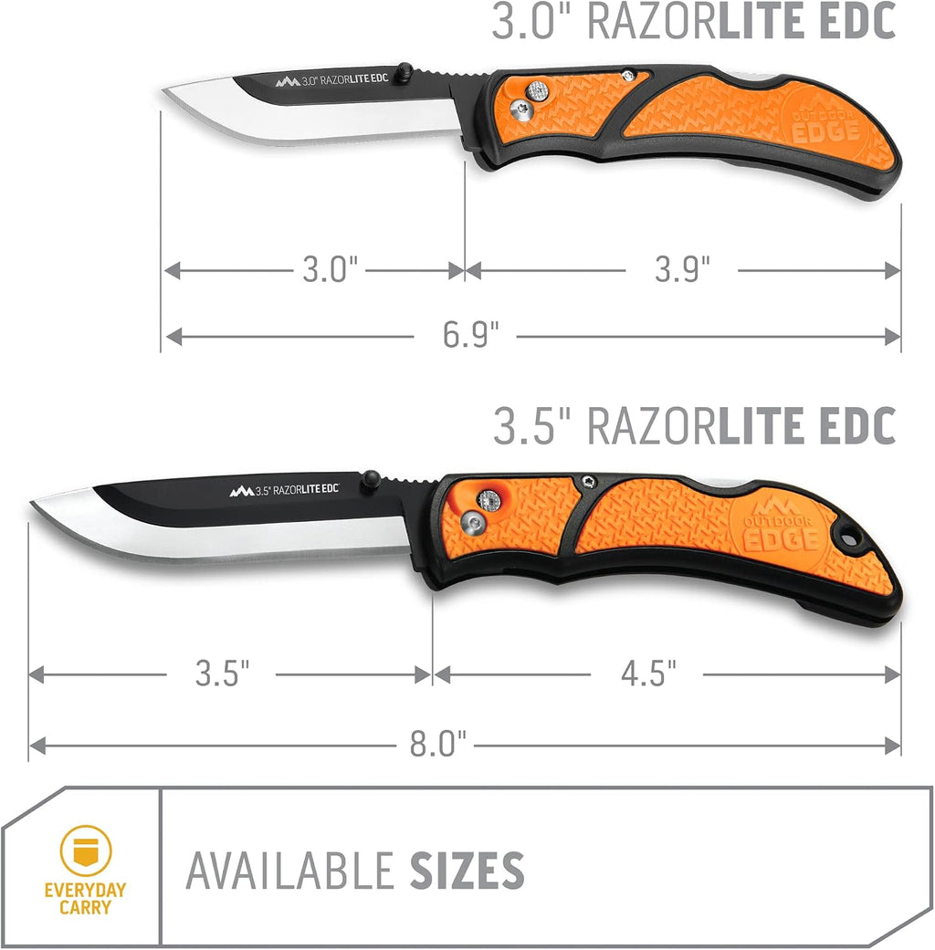 OUTDOOR EDGE 3.5" RazorLite EDC Knife. Pocket Knife with Replaceable Blades and Clip. Perfect For Hunting & Skinning Deer. Blaze Orange with 30 Blades.