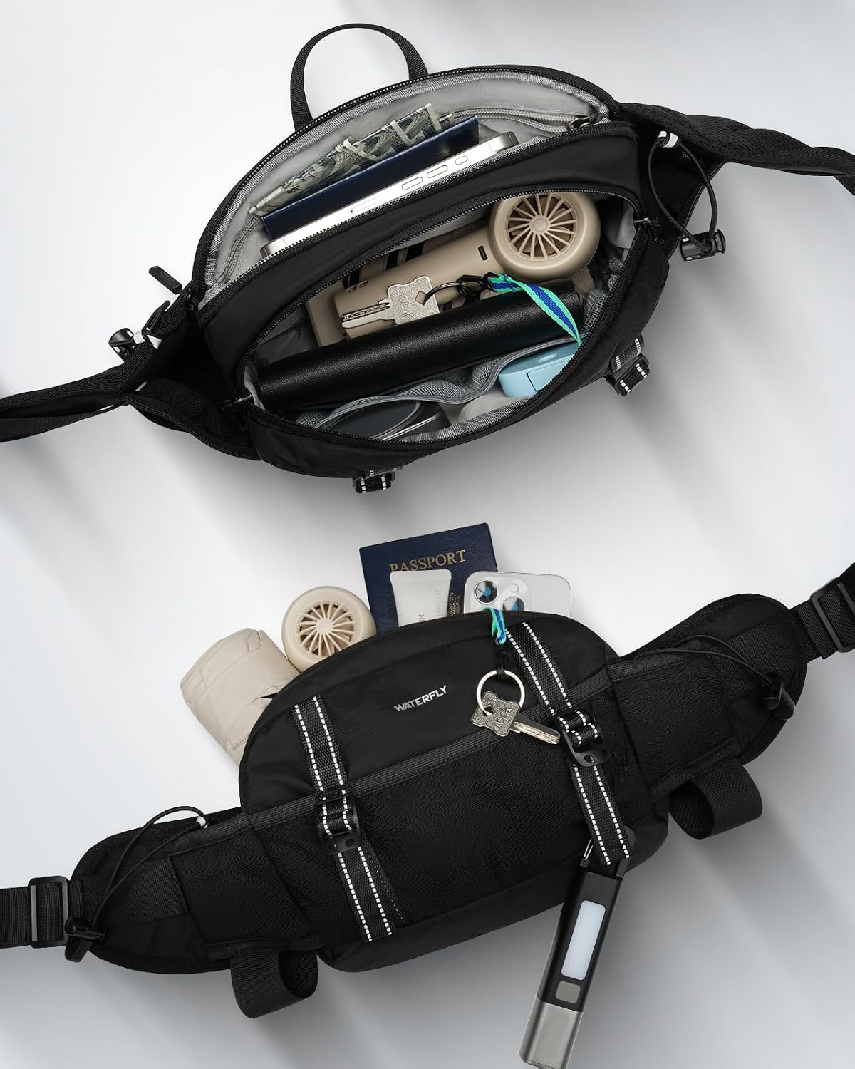 WATERFLY Large Hiking Fanny Pack: 3L Waist Bag with 2 Bottle Holders for Women Men - 9 Pockets & Adjustable Belt Lumbar Hip Packs for Travel Running Cycling Camping Workout (Bottles Not Included)