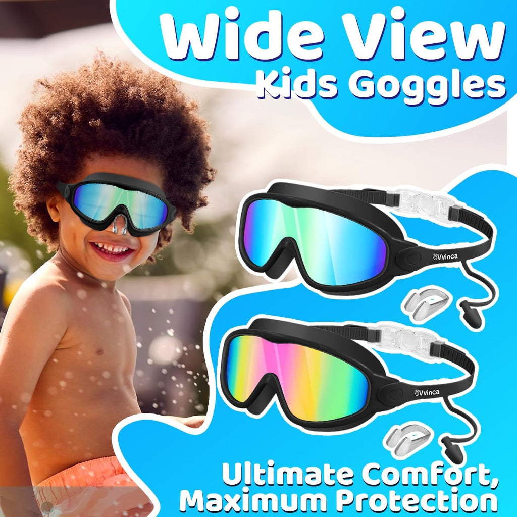 Kids Swim Goggles for 3-15, Kids Goggles with Earplugs& Nose Clip Wide View