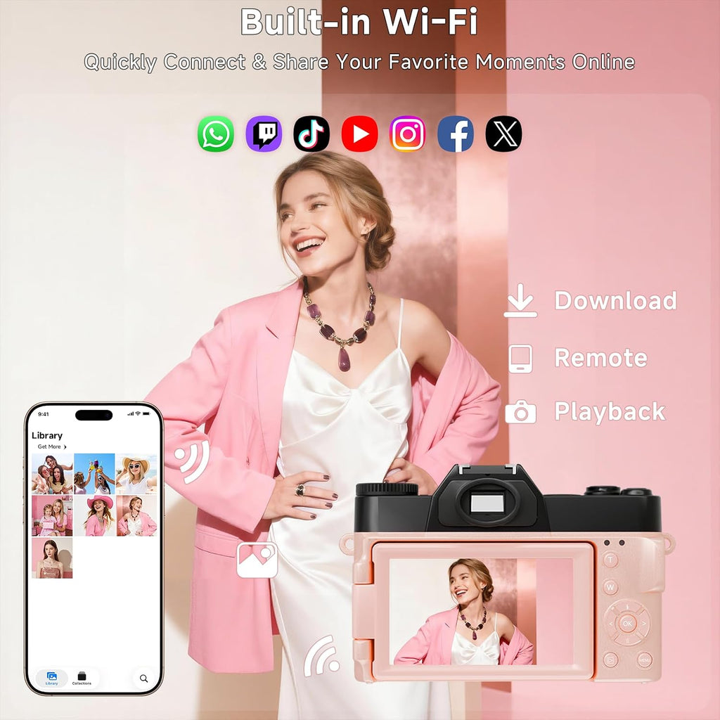 6K Digital Camera for Photography Autofocus, 64MP WiFi Vlogging Camera for YouTube with 3" 180° Flip Screen 16X Zoom, 64GB SD Card & 2 Batteries Pink Compact Travel Camera for Beginners Teens