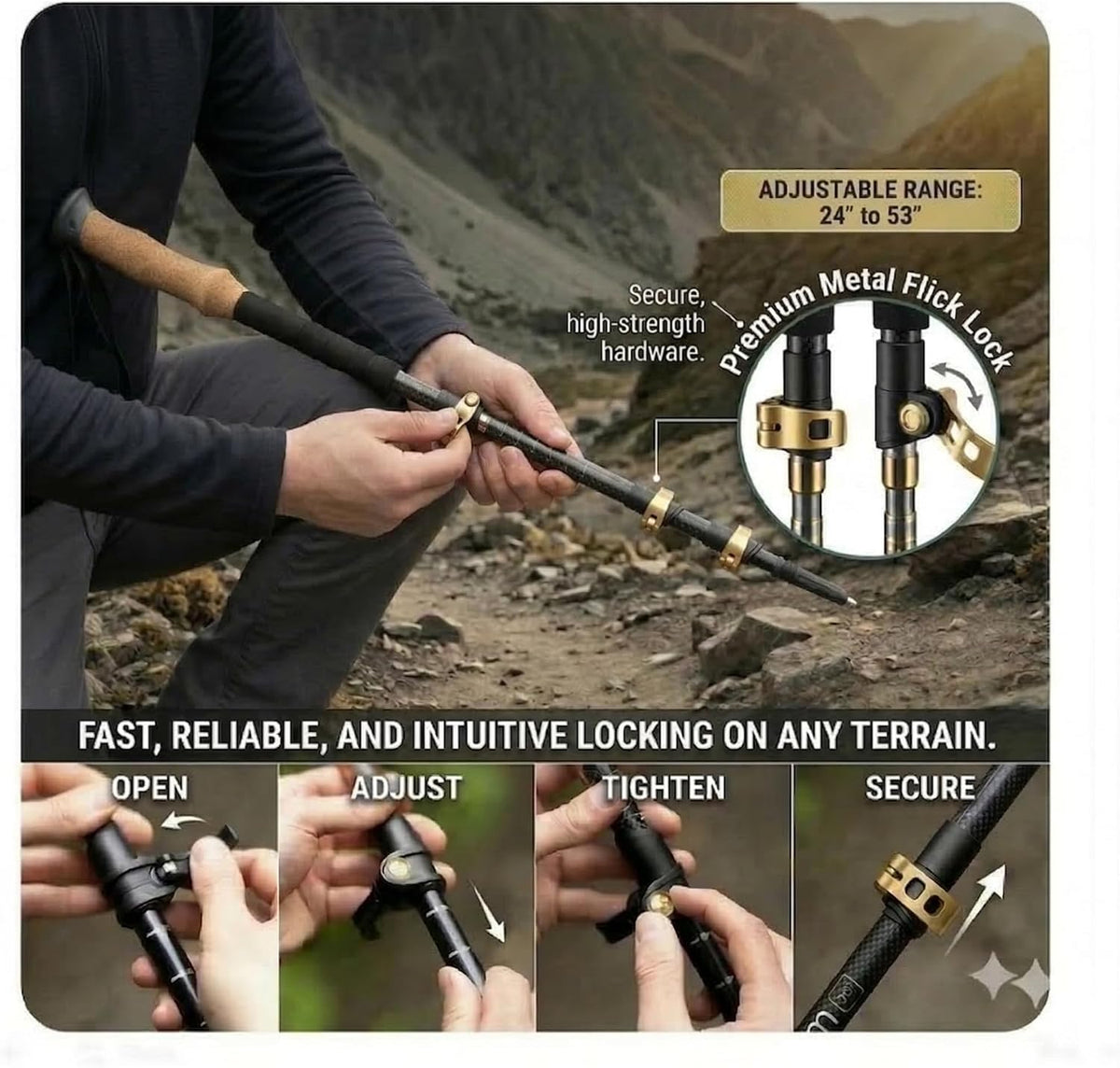 Montem Carbon Fiber Trekking Poles – Ultralight 3K Hiking Poles, Collapsible & Adjustable with Cork Grip, Quick Lock Walking Sticks for Backpacking & Travel (2-Pack)