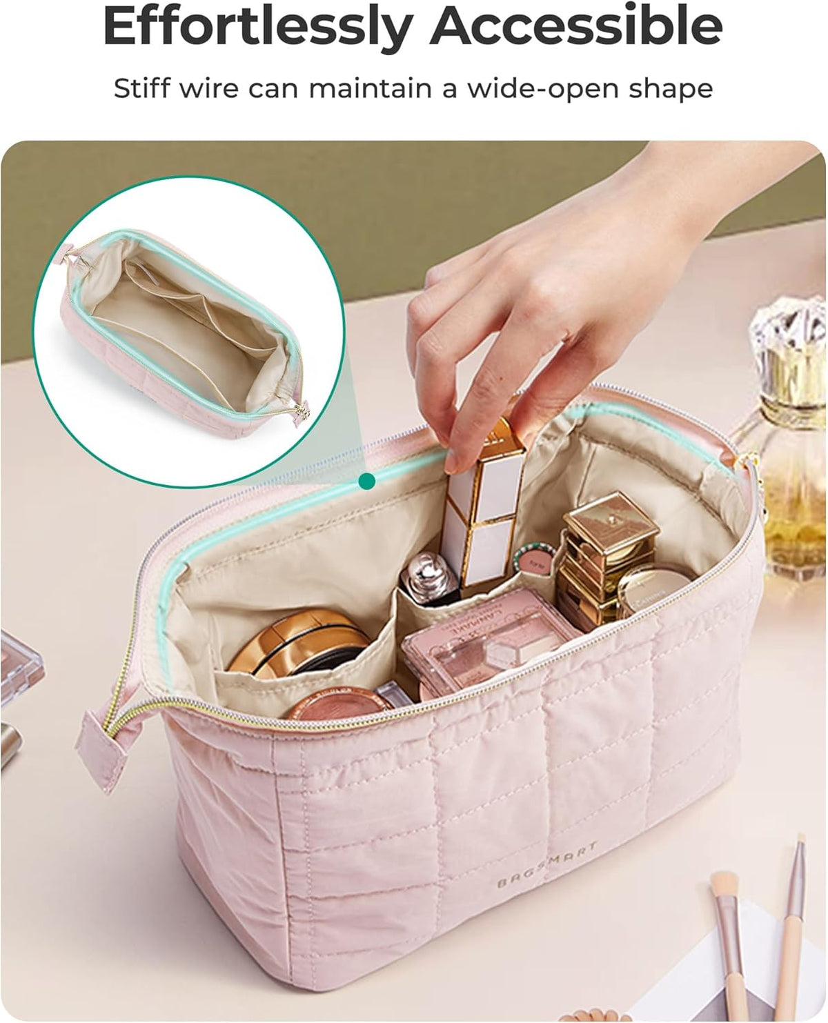 BAGSMART Makeup Bag Travel Toiletry Bag, Puffy Padded Make Up Bags for Women Makeup Organizer Case, Wide-open Pouch Purse Travel Essentials Toiletries Accessories Brushes, Apricot Pink