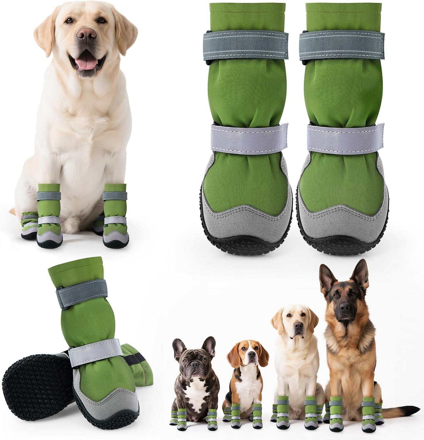 Winter Dog Snow Boots with Fleece Lining, Dog Shoes for Medium Large Size Dogs, Waterproof Dog Booties and Paw Protectors, Anti-Slip & Reflective Dog Shoes for Snow Outdoor, Hiking (Green-Size 4)