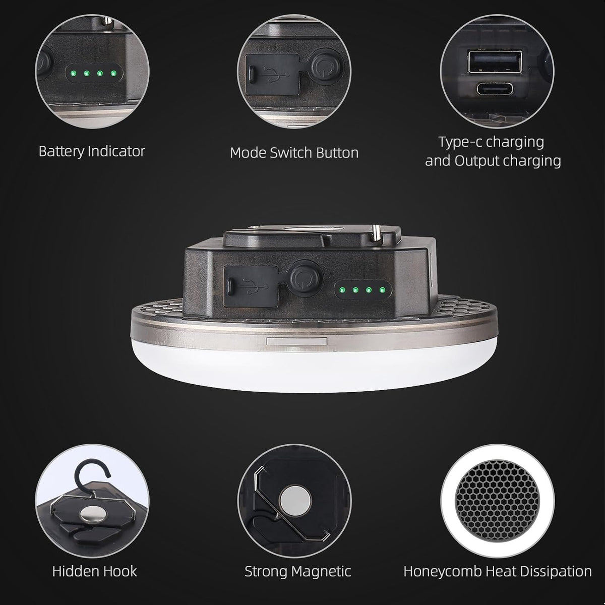 LED Camping Lantern, USB-C Rechargeable 5000LM 20H Runtime, 4 Modes with SOS, IPX5 Waterproof, Magnetic Base & Foldable Hook for Outdoor, Tent, Emergency & Hurricane