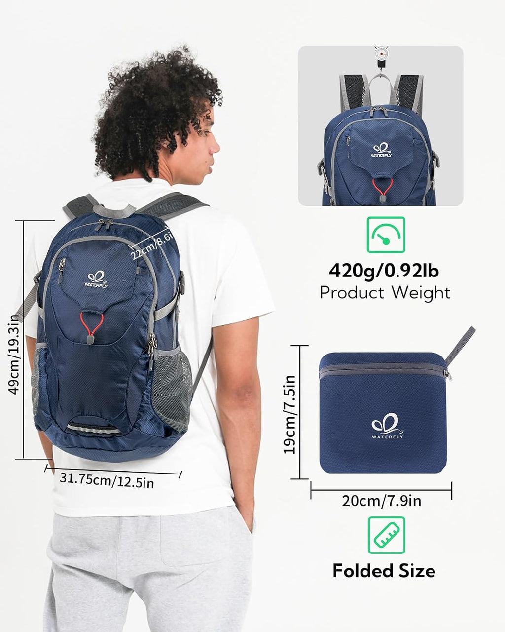 WATERFLY Lightweight Packable Hiking Backpack, 30L Day Pack Dark Blue