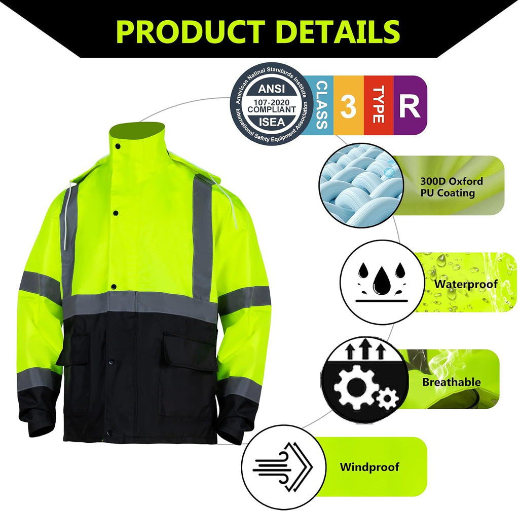 Class 3 High Visibility Rain Suit With Detachable Hood Waterproof Lime Reflective Safety Worker Jacket & Pants (L/XL Yellow)