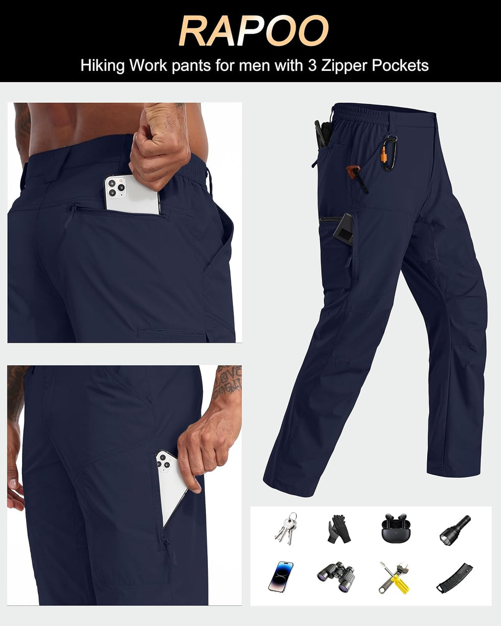 Rapoo Mens Hiking Pants Lightweight Water Resistant Breathable Nylon Cargo Pants with 6 Pockets