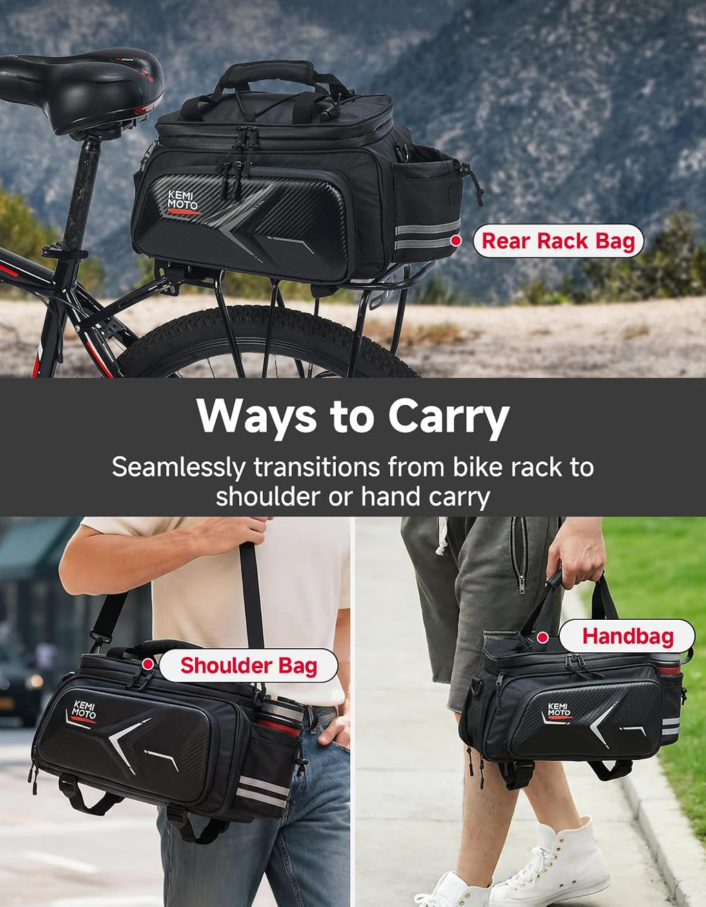 KEMIMOTO Bike Bag Rear Rack Expandable 20L Bicycle Pannier EVA Hard Shell