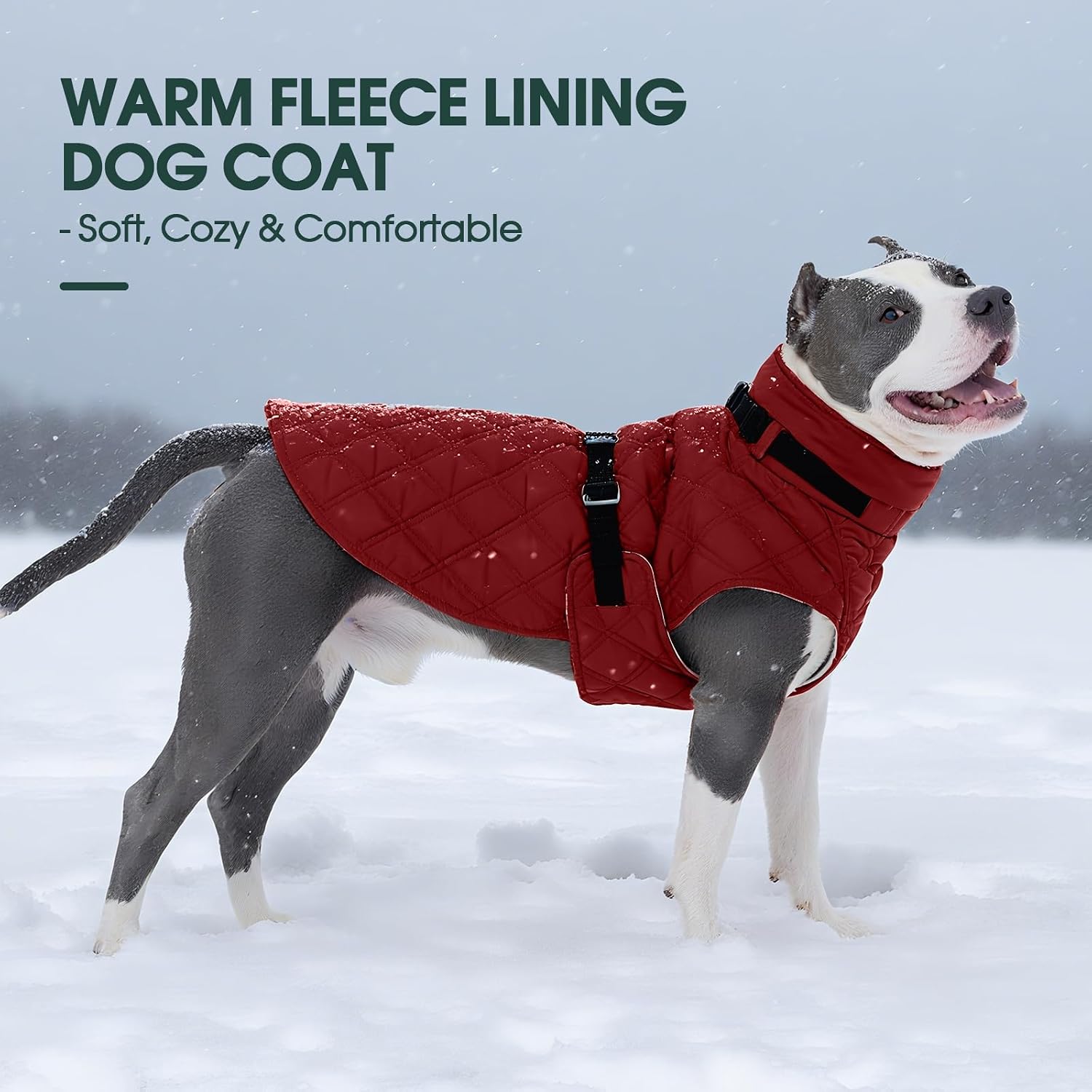 Kuoser Dog Coat Warm Fleece Lining Turtleneck Dog Jacket with Harness Built-in, Adjustable Windproof Cold Weather Coats with Quick Release Buckle Pet Winter Snowsuit for Medium Large Dogs, Red L