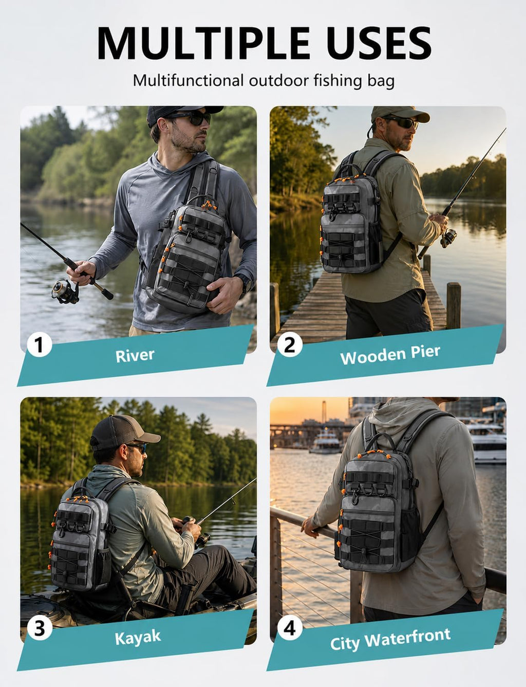 2 in 1 Compact Tactical Fishing Backpack with Tackle Boxes, Lightweight Waterproof Tackle Bag Fit 2 * 3600 Tackle Boxes, 2 Rod Holders Storage, Fishing Accessories Gift for Men Gray