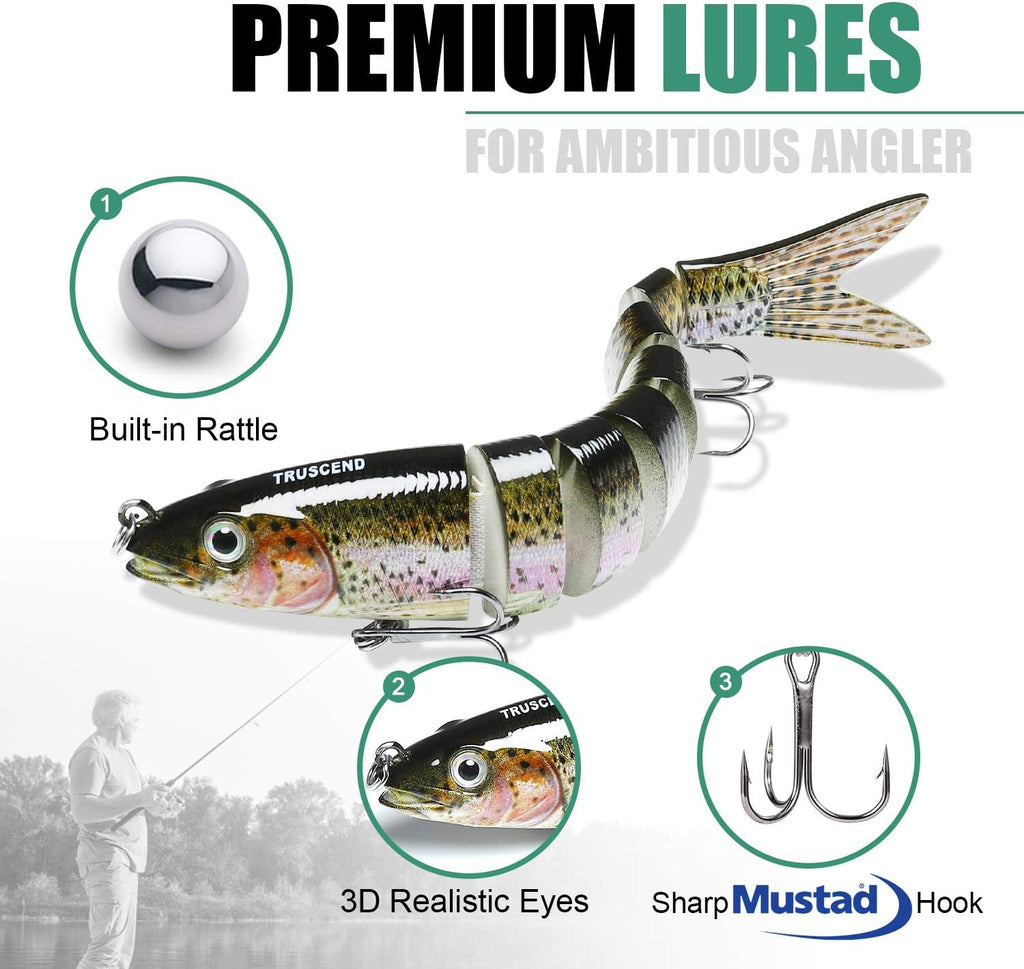 TRUSCEND Swimmax Easy Catch Fishing Lures with BKK Hooks, Wiggling, Vibrating, Rattling and Gurgling for More Bite, Heavy-Duty Dyneema Fiber Jointed Swimbaits for Bass, Trout, Walleye, Crappie, Pike