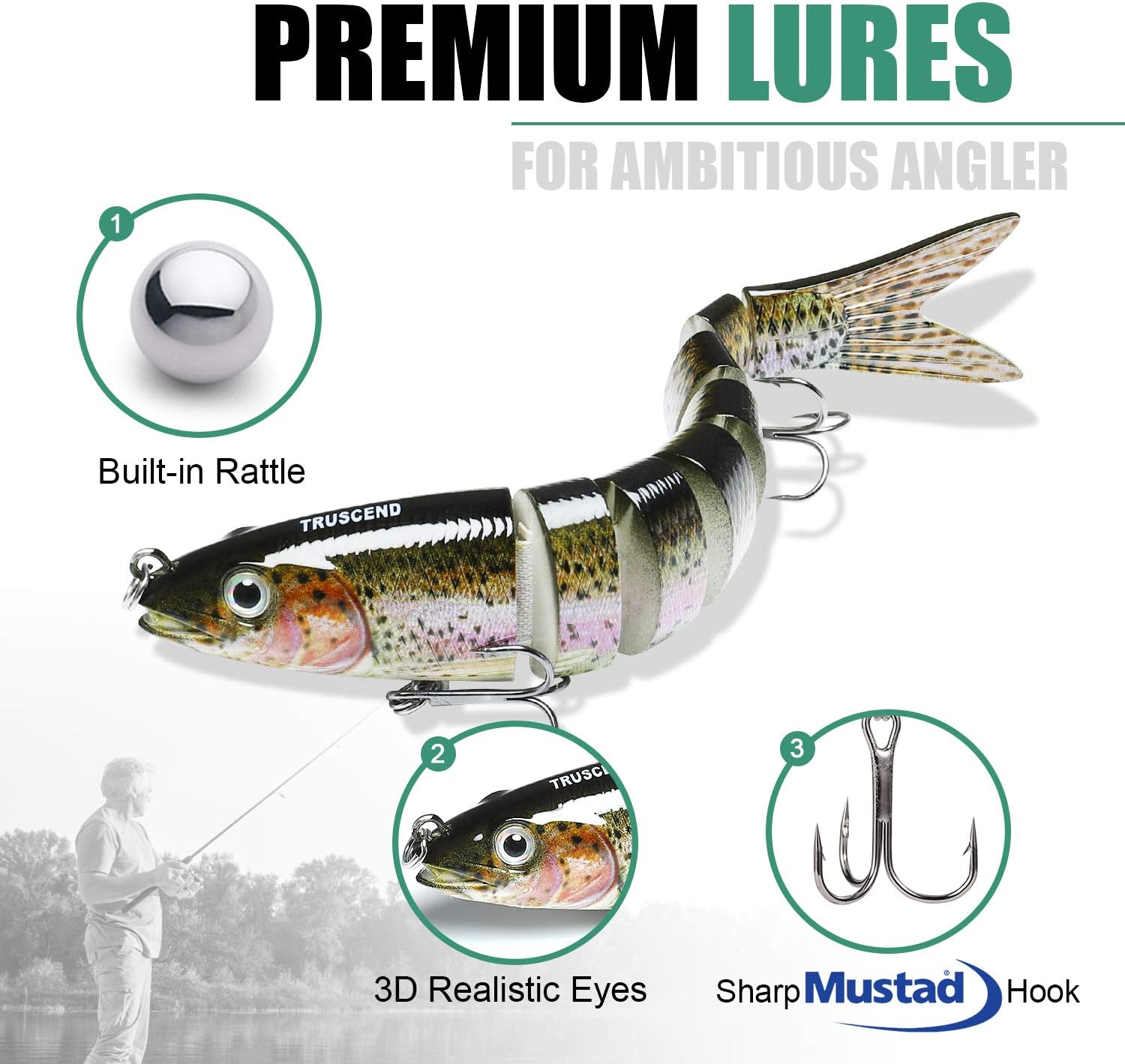 TRUSCEND Swimmax Easy Catch Fishing Lures with BKK Hooks, Wiggling, Vibrating, Rattling and Gurgling for More Bite, Heavy-Duty Dyneema Fiber Jointed Swimbaits for Bass, Trout, Walleye, Crappie, Pike