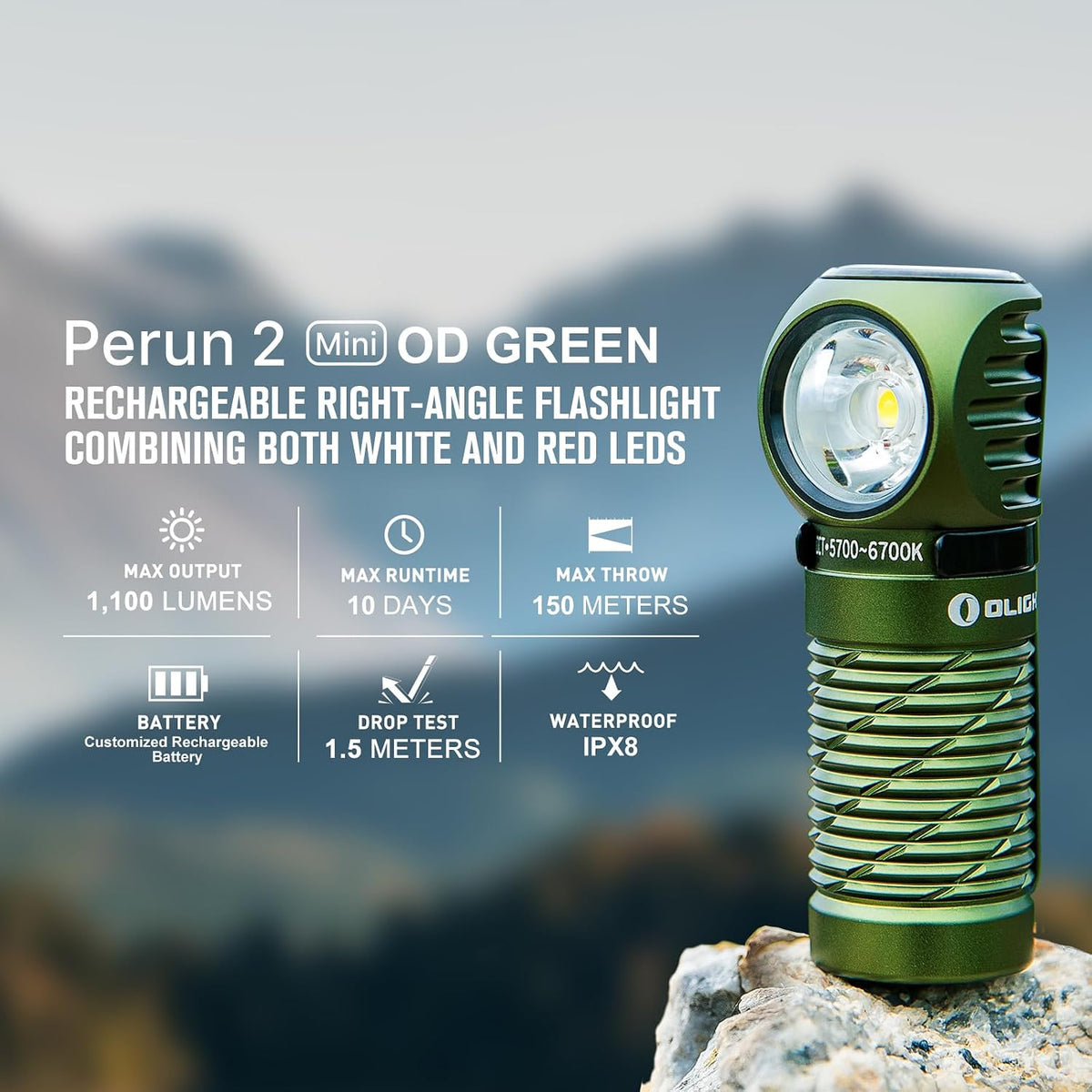 OLIGHT Perun 2 Mini Headlamp Rechargeable, 1100 Lumens, Red Light, OD Green