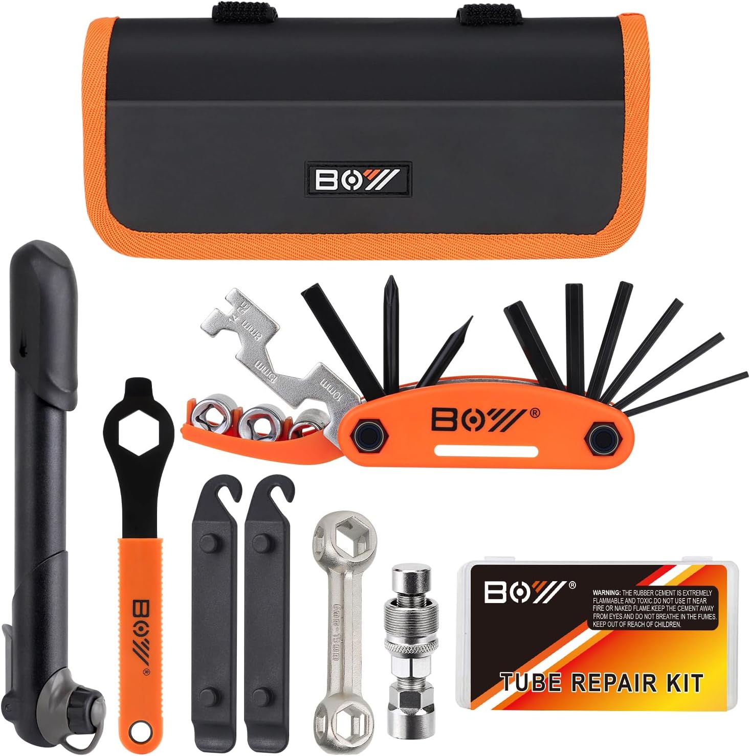Bicycle Repair Bag With Tire Pump, Portable Tool Kit for Camping Travel - Bike Glueless Patches, Maintenance Essentials All in One Safety Kit