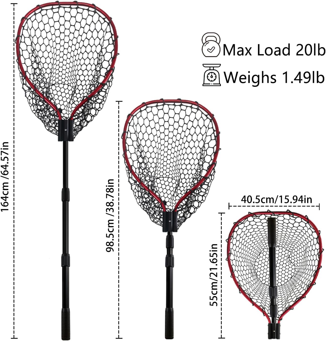Telescoping Metal Lock Fishing Net with Handle Red Green 64" 52" Rubber Fish Net - Adjustable Length Lightweight Foldable Large Big Collapsible Extendable Fishing Net