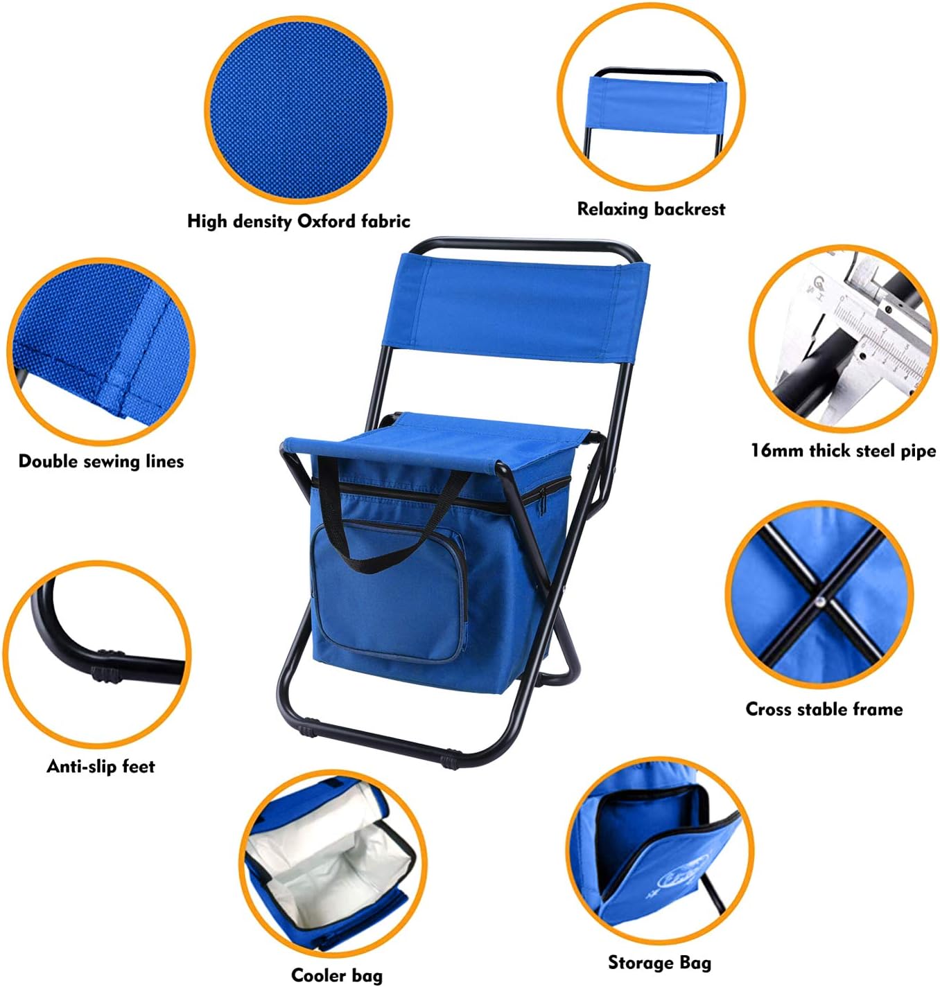 LEADALLWAY Fishing Chair with Cooler Bag Compact Fishing Stool Foldable Small Hunting Chair 12.2" Seat Depth,12.6" Seat Width