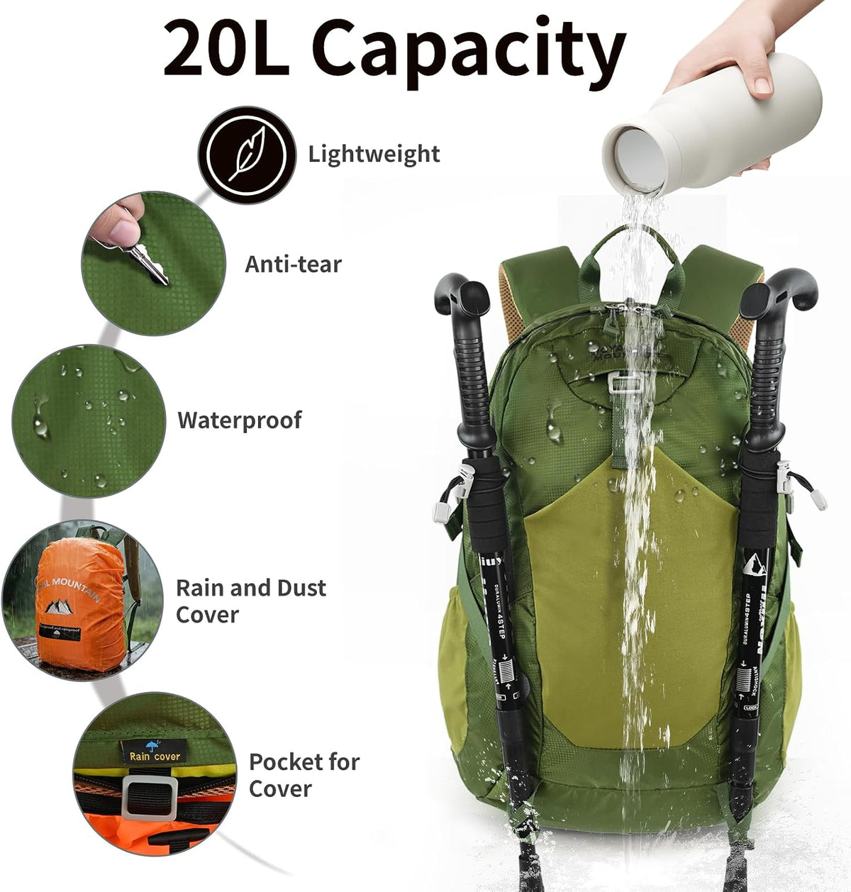 20L Hiking Backpack With Rain-Cover, Lightweight Packable Backpack For Women Men, Hiking Daypack Backpacks Fit For Camping, Sports, Daily Commuting, Short Trips (Green)