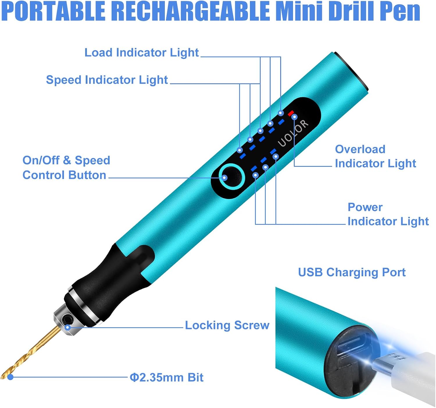 Uolor 3-Speed Cordless Mini Drill Pen, Rechargeable DIY Electric Hand Drill with 10 Small Drill Bits, Micro Drill Set for Jewelry Making Stone Plastic Resin Keychains