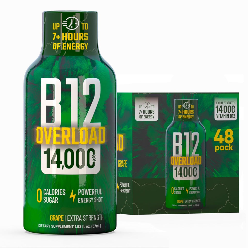 B12 Overload Extra Strength Energy Shot – Grape – 260mg Caffeine, 14000% B12, Electrolytes – Energy & Vitality Support – Zero Sugar No Calories – Vegan, Kosher, Gluten-Free – 1.93 fl oz, 48-Pack