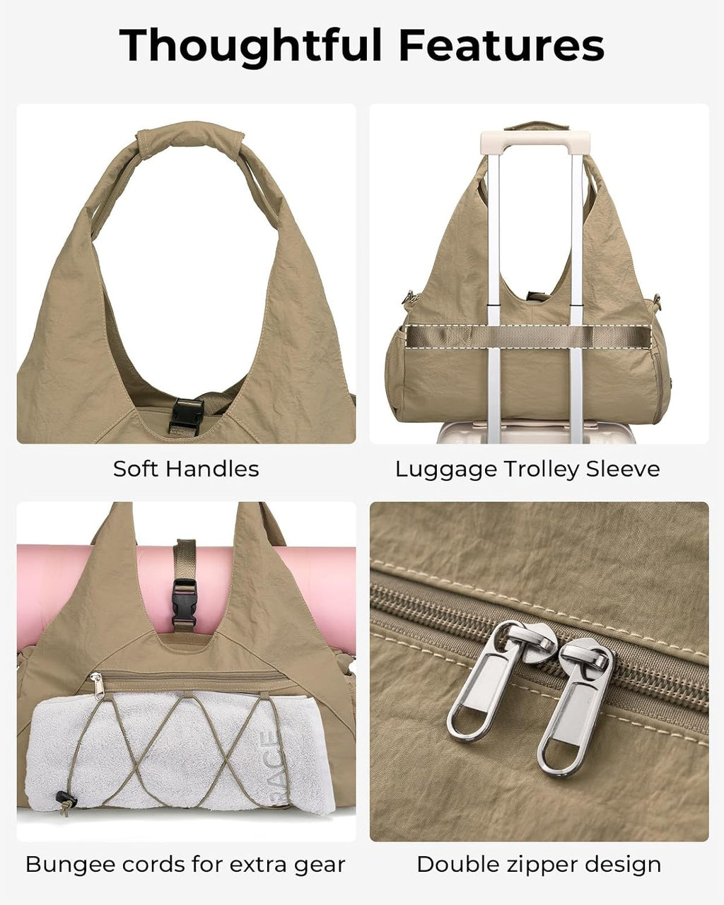 Forestfish Gym Bag For Women With Yoga Mat Holder (Khaki)