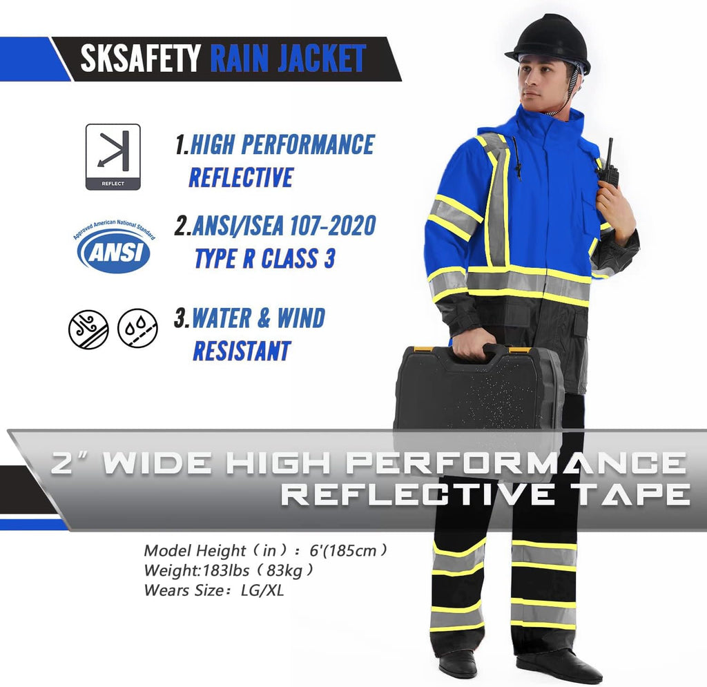 SKSAFETY Hi Vis Safety Rain Jacket for Men, Construction Work Rain Gear Heavy Duty Class 3 Rain Coat Waterproof Lightweight