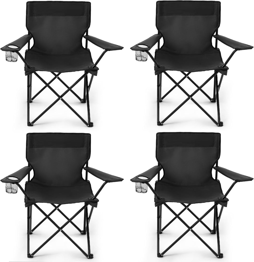 4 Pack Folding Camping Chairs for Adults, Foldable Portable Lawn Chairs with Carry Bag & Cup Holder, Compact Design for Camp,Beach, Picnics,and Fishing Supports 300LBS（Black）