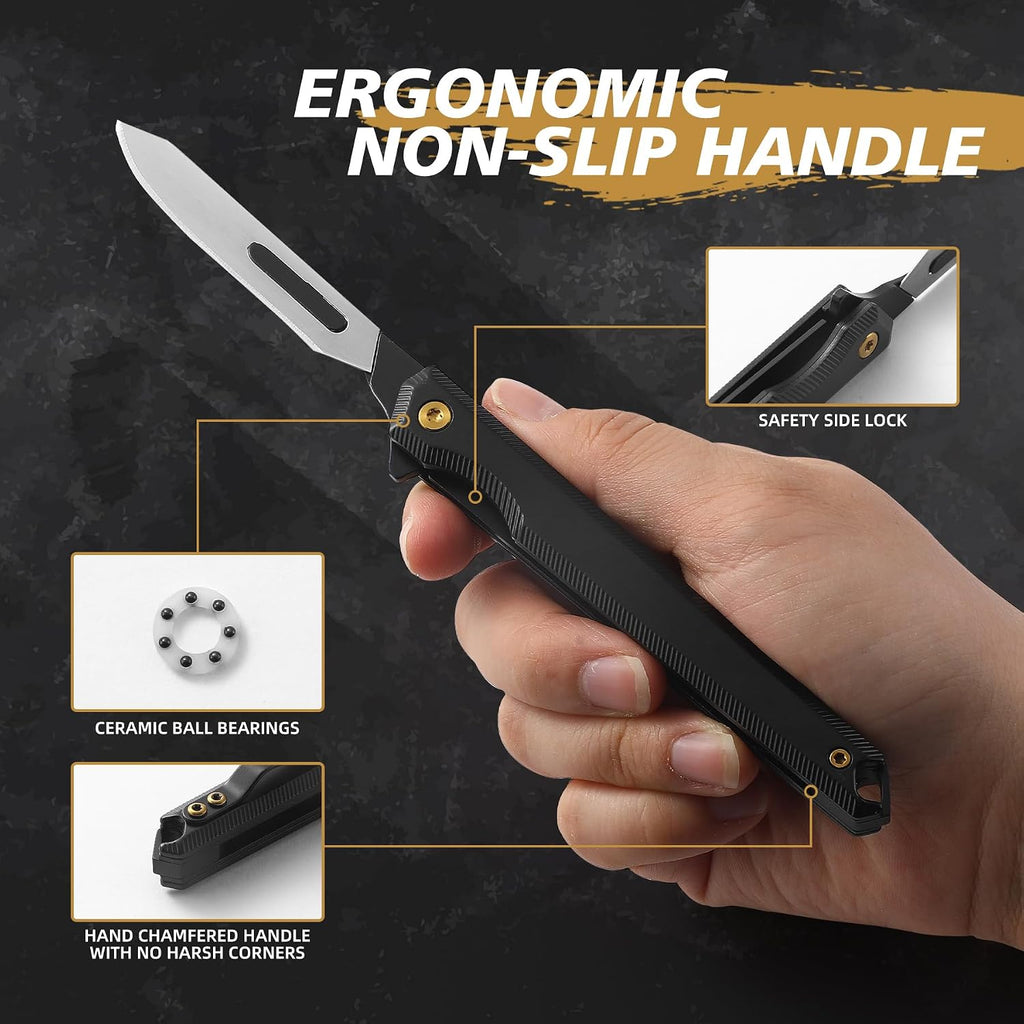 Folding Scalpel Knife, Mini Slim Pocket Knife with 10pcs #60 Scalpels Replaceable Blades, EDC Utility Knife with Liner Lock, Pocket Clip, Ideal Gifts for Men and Women（Black）