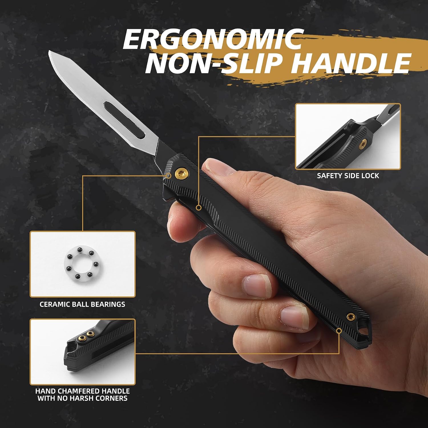 Folding Scalpel Knife, Mini Slim Pocket Knife with 10pcs #60 Scalpels Replaceable Blades, EDC Utility Knife with Liner Lock, Pocket Clip, Ideal Gifts for Men and Women（Black）