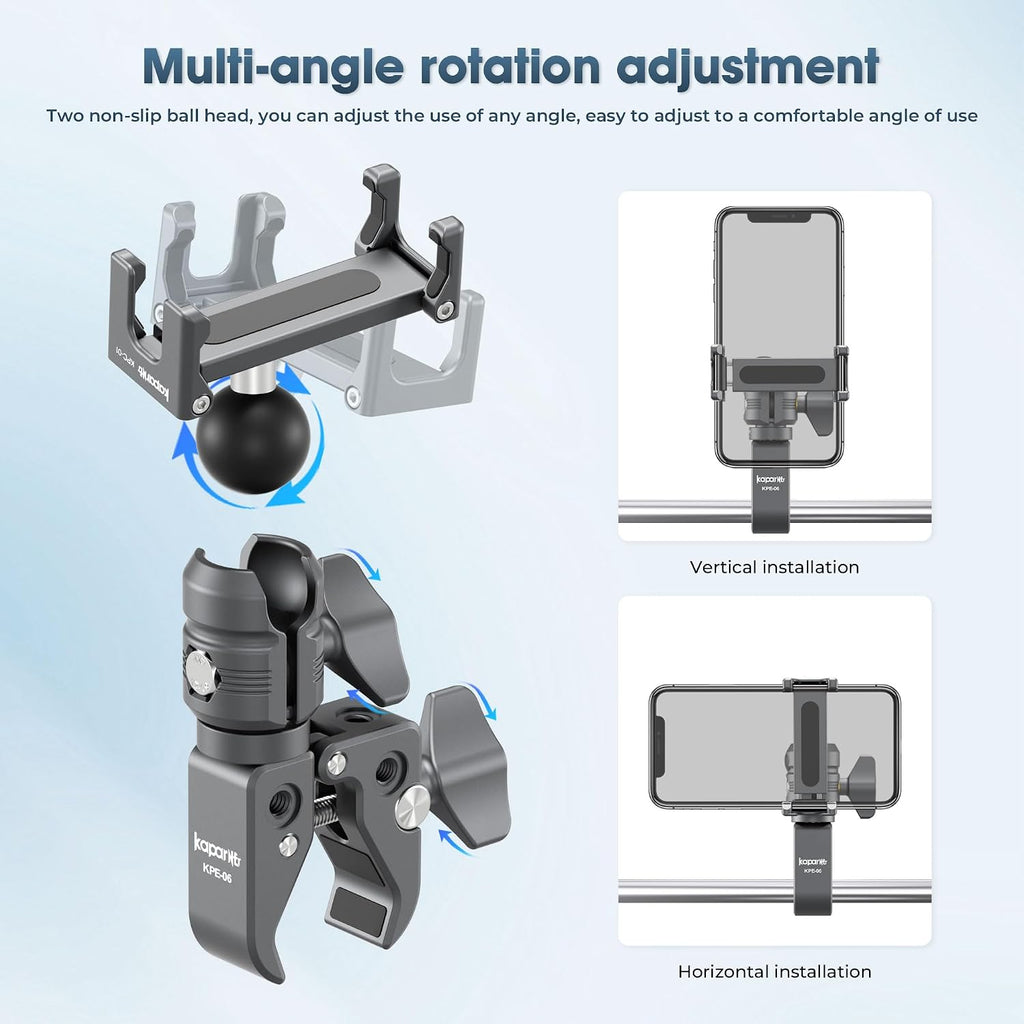 Motorcycle Phone Mount, Handlebar Clamp Base Fits 0.5"-2" Diameter Bars, 25mm Ball Head & Aluminum Socket Arm, 360° Rotatable, Universal for iPhone/Android Phones Width 2.56"-3.74"(KPS-07)