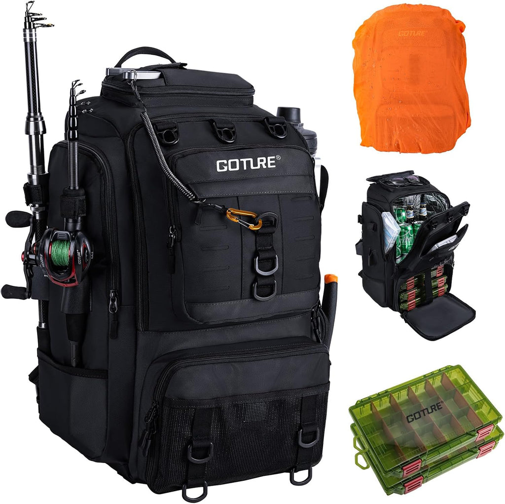 Goture 40L Black Fishing Tackle Backpack w/Cooler & fishing tackle boxes