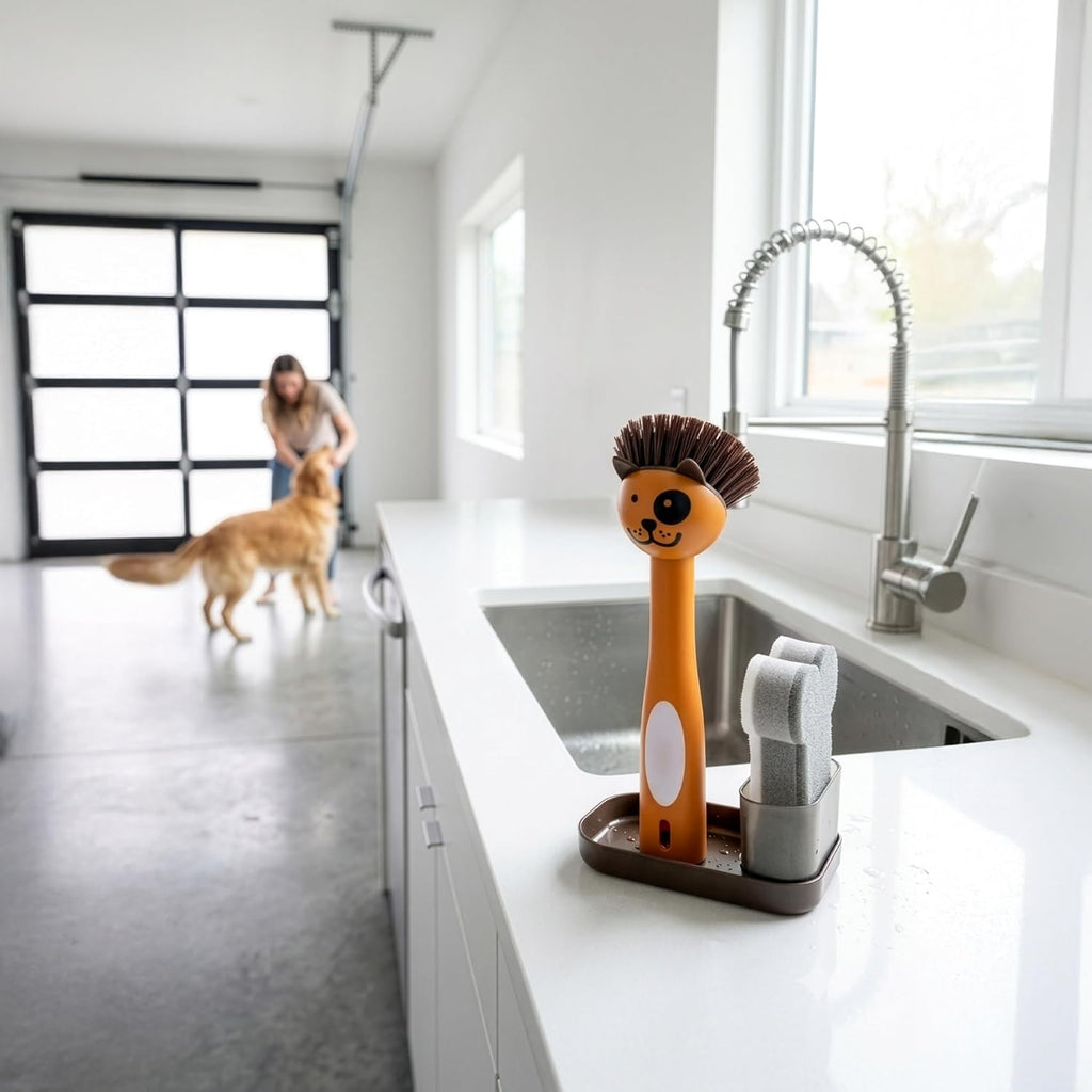 Pet Bowl Cleaner Set with Dog Bowl Brush, Dog Sponge, Holder & Drain Tray