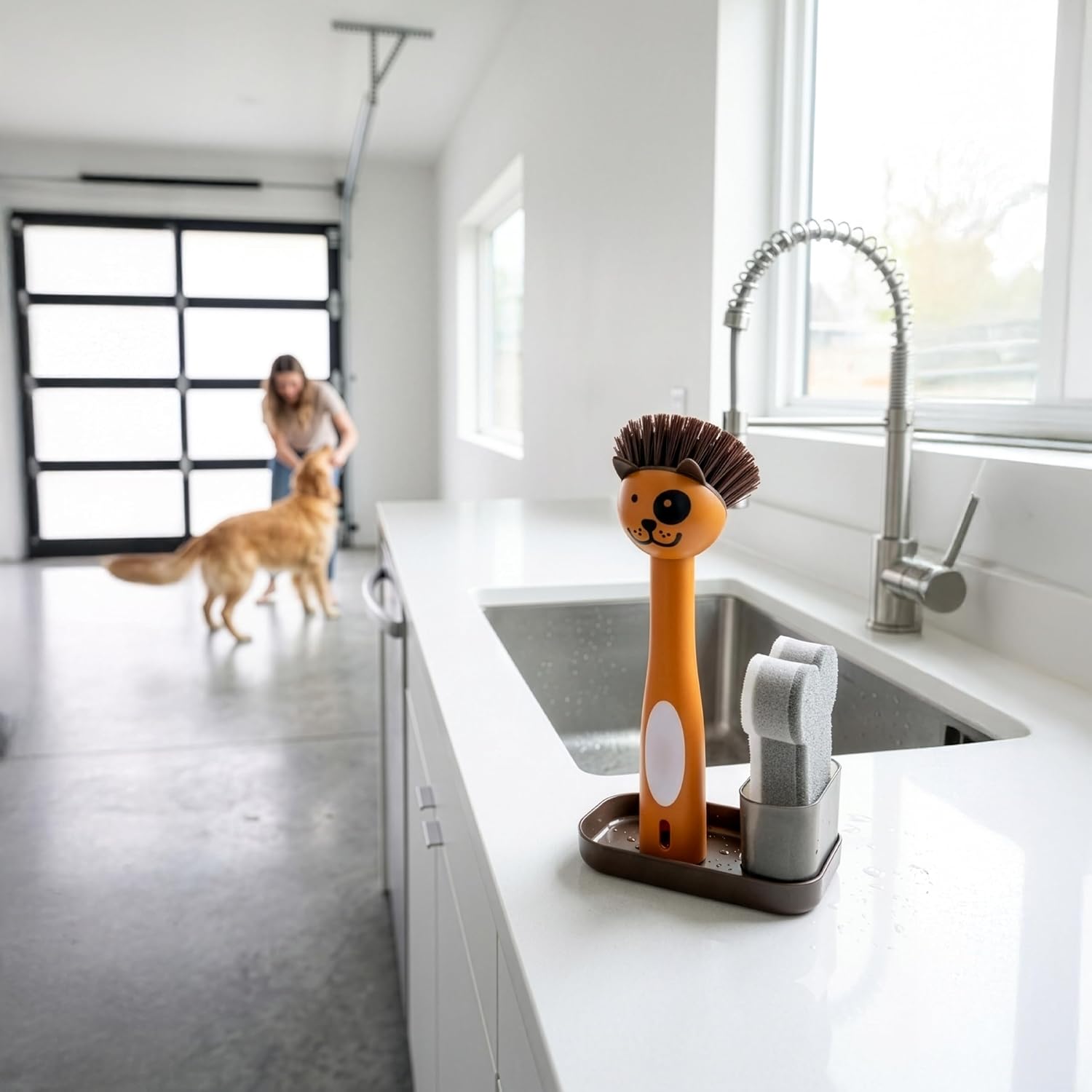 Pet Bowl Cleaner Set with Dog Bowl Brush, Dog Sponge, Holder & Drain Tray