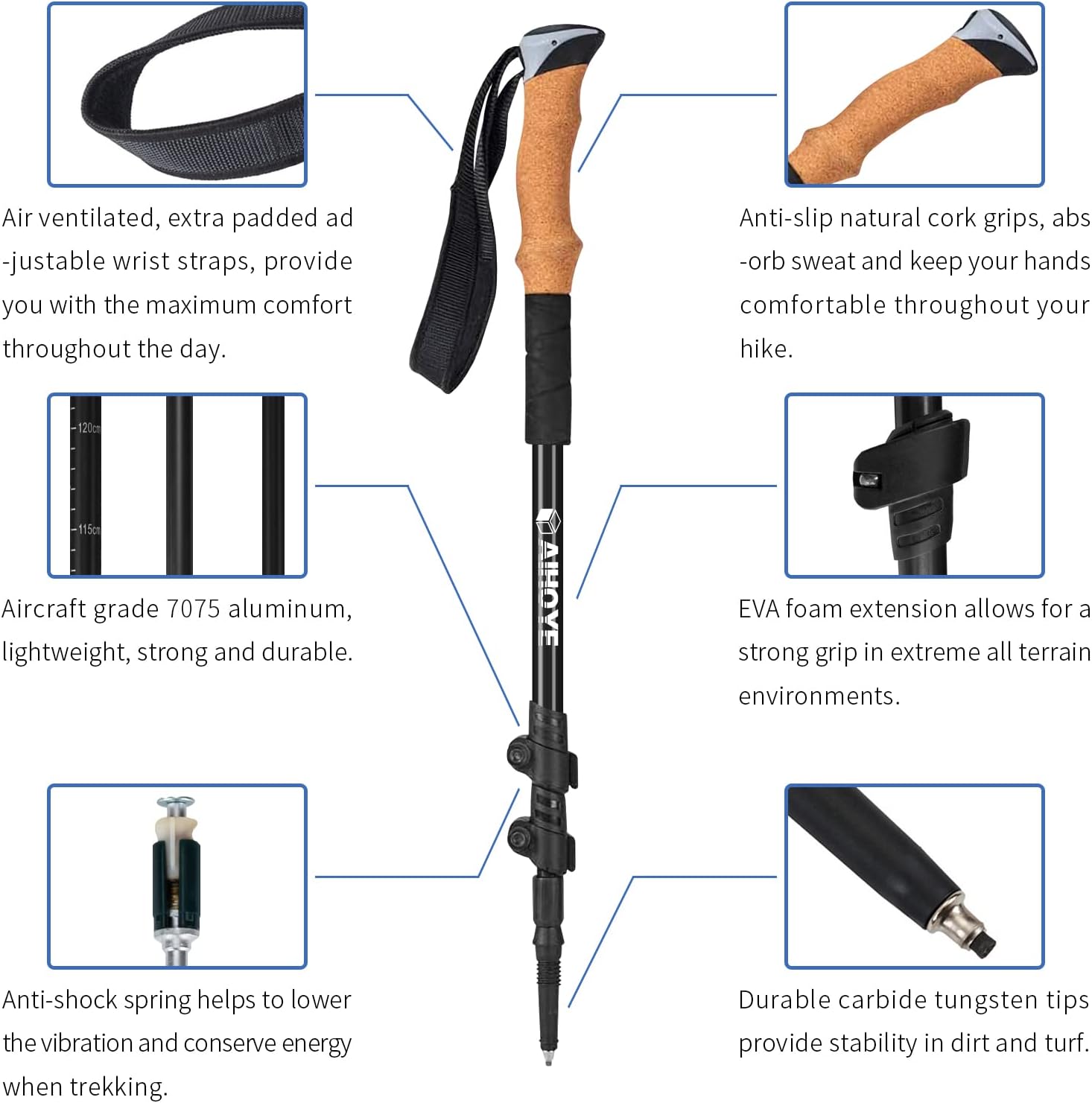 Aihoye Trekking Hiking Poles-2 Pack Lightweight Aluminum 7075 Walking Stick | Hiking Sticks with Quick Flip Lock, Comfortable Anti-Slip Cork Grips, Collapsible, Folded