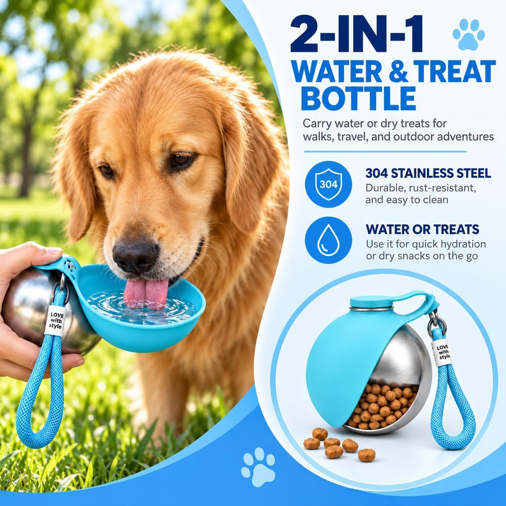 Portable Dog Water Bottle with Bowl, 10oz Stainless Steel, Leakproof