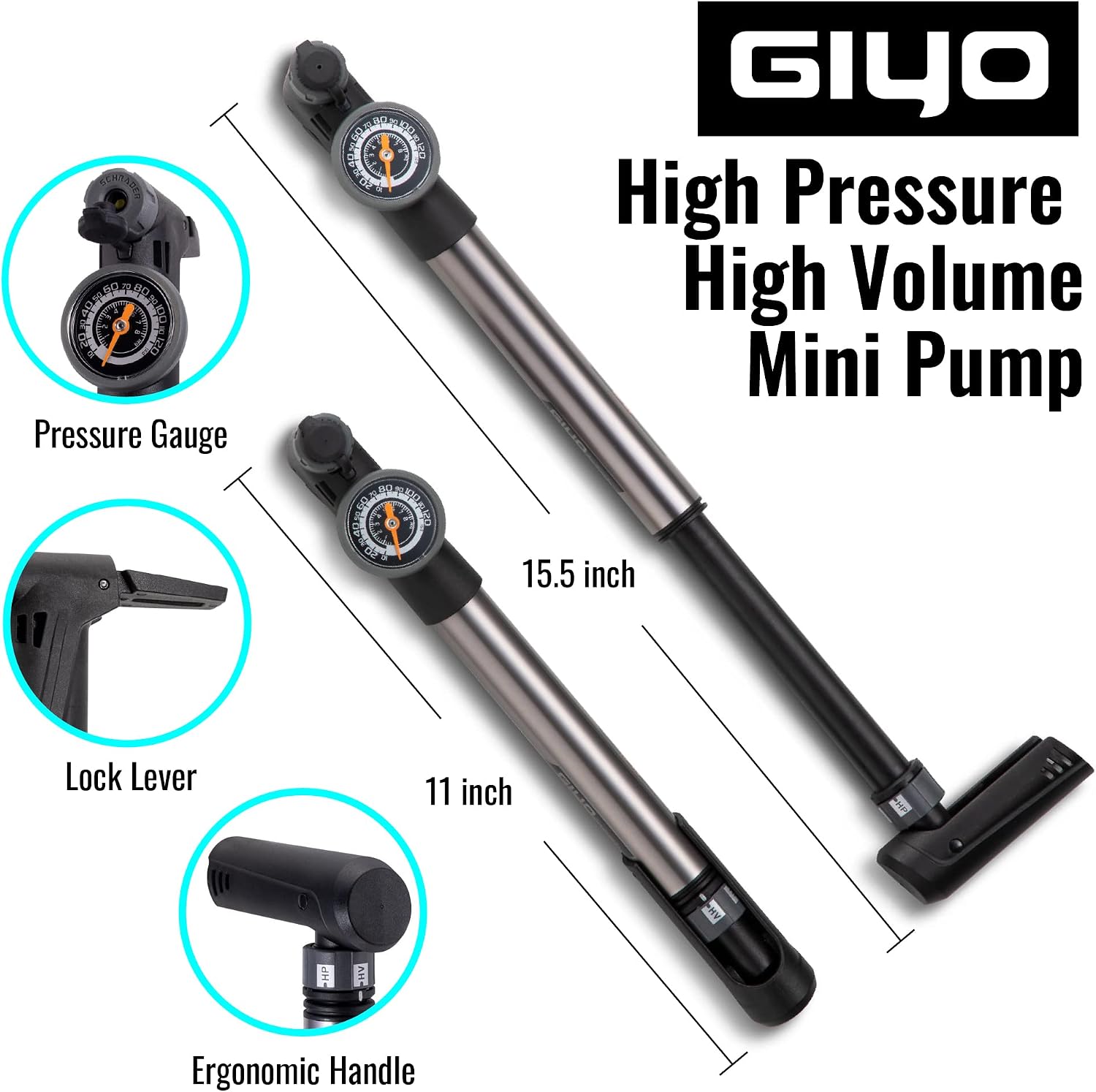 GIYO Mini Bike Pump with Gauge 2 Stage HP/HV 120 PSI Schrader & Presta Bike Tire Pump | Easy Inflation for Road & MTB | Frame Mount Included | Taiwan Made (GP-993)