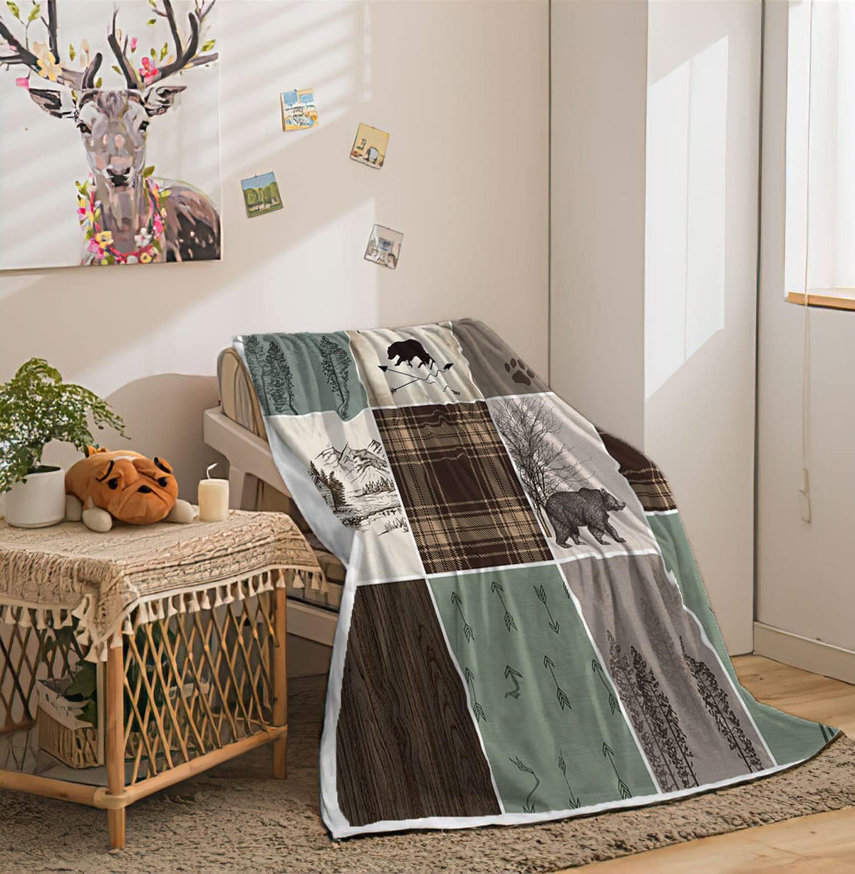 Rustic Cabin Throw Blanket, Bear Deer Moose Patchwork Lodge Home Decor