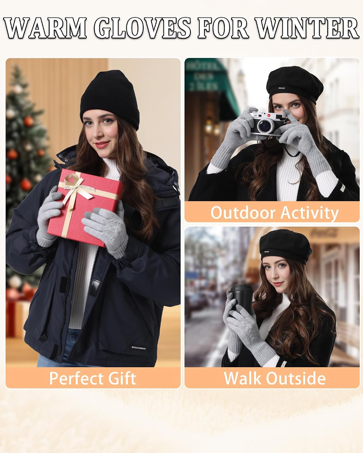 2 Pairs Winter Gloves for Women Cold Weather, Touch Screen Thermal Warm Fleece Lined Knit Gloves for Christmas Gifts