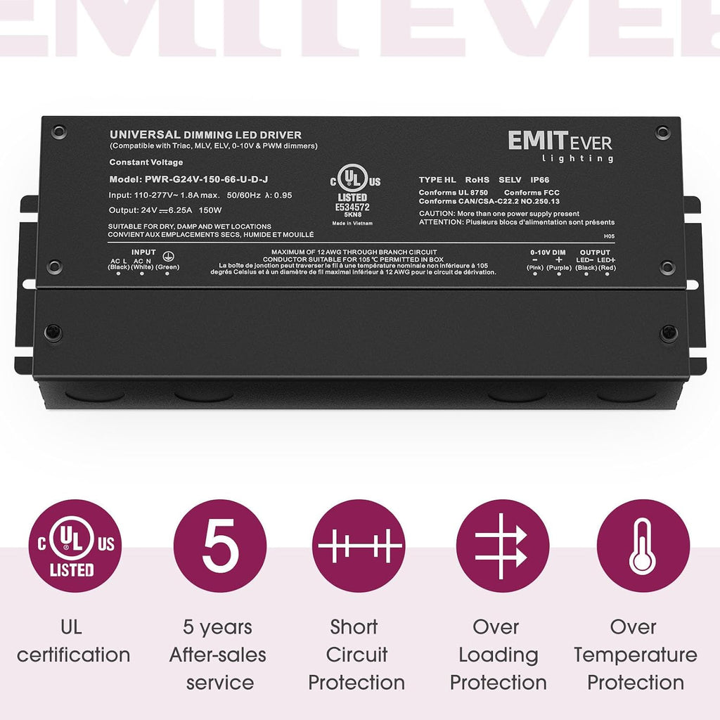 EMITEVER 2-Pack 150W 24V 5-in-1 Dimmable LED Driver, AC 110-277V to DC