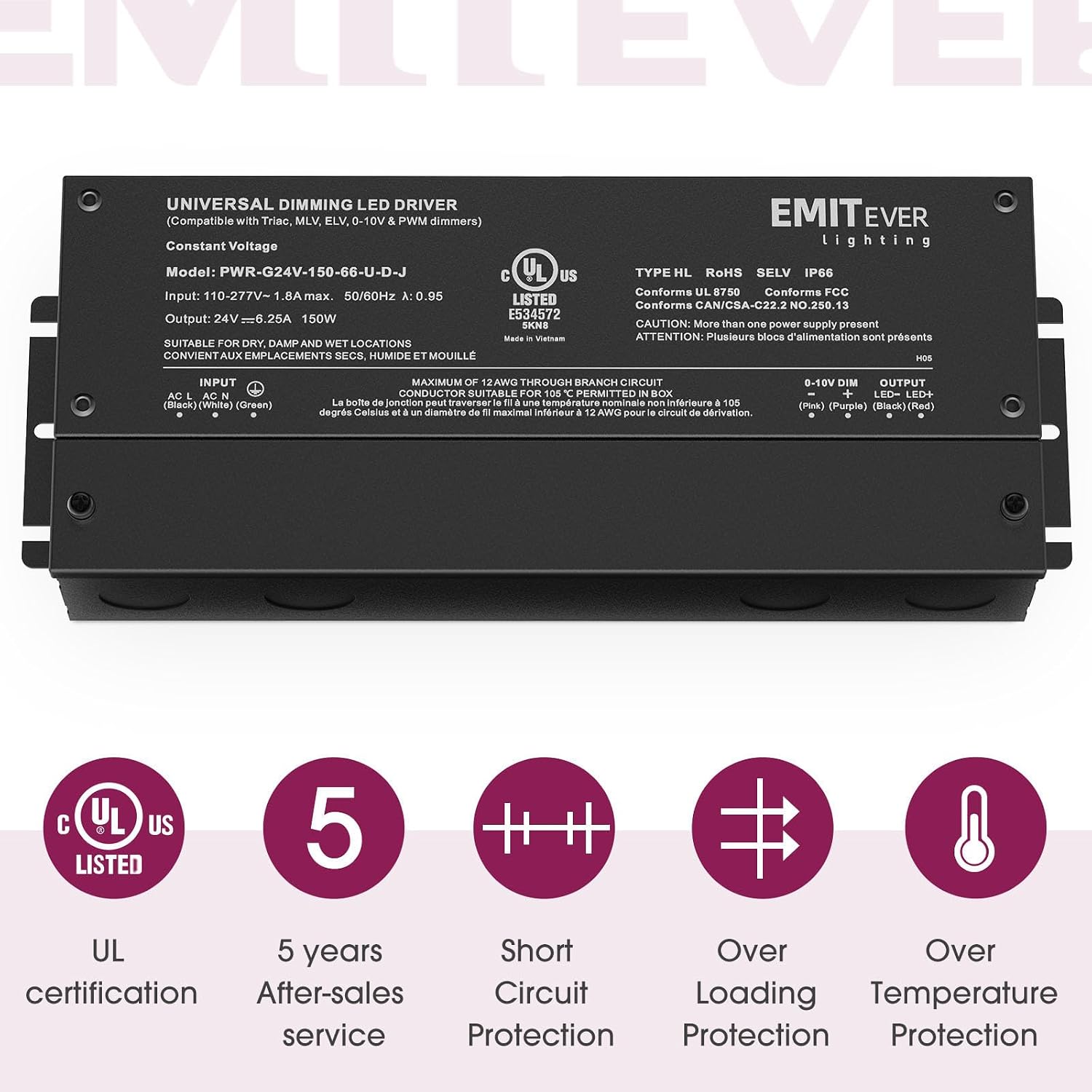 EMITEVER 2-Pack 150W 24V 5-in-1 Dimmable LED Driver, AC 110-277V to DC