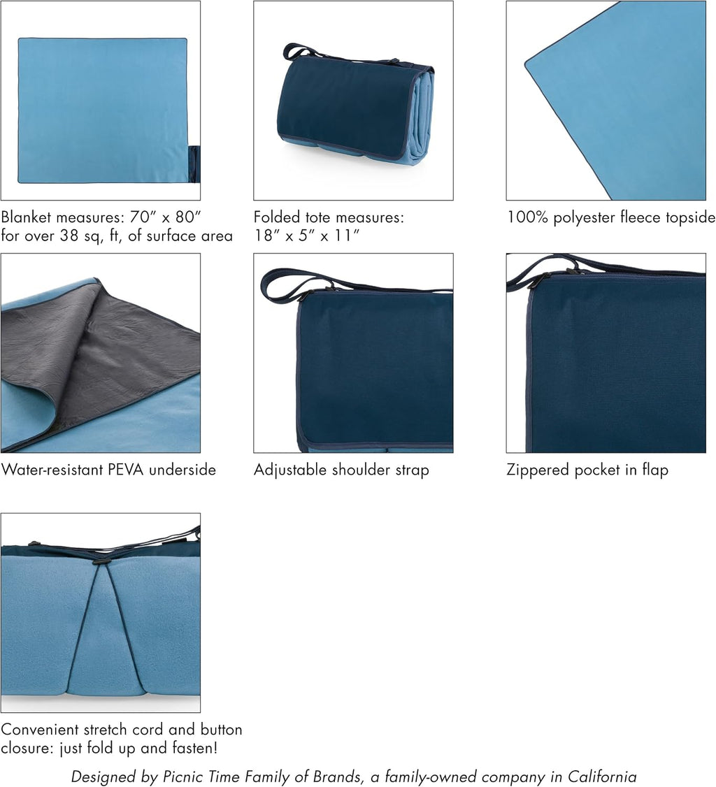 Picnic TIME Blanket Tote XL Outdoor Picnic Blanket, 70"x80" Foldable Beach Mat with Soft Fleece Top, Water-Resistant Backing, Carry Strap & Pocket, Portable Blanket for 4-5 People (Dusty Blue)